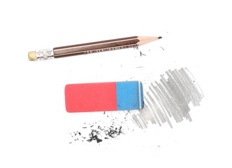 Spiral shavings with pencil and eraser isolated on white background, top view