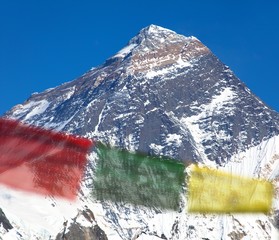 Mount Everest with buddhist prayer flags from Renjo La