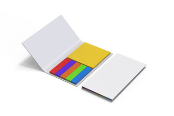 Colored sticky note set and organizer, index Flags and square note book for mock up and branding, 3d illustration