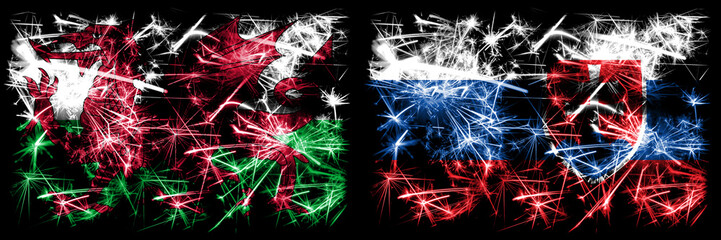 Wales, Welsh, Slovakia, Slovakian, flip sparkling fireworks concept and idea flags