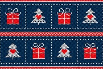 Obraz premium Winter Holiday Seamless Knitted Pattern with a Christmas Symbols: Christmas Tree and Present Box. Scheme for Wool Knit Sweater Seamless Pattern Design or Cross Stitch Embroidery.