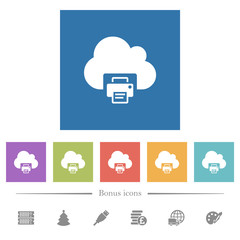 Cloud printing flat white icons in square backgrounds