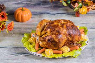 Thanksgiving celebration. Dinner with roasted turkey.