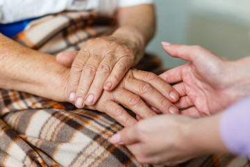 Young girl's hand touches and holds an old woman's wrinkled hands.