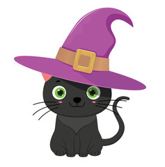 Black halloween cat in violet witch hat.