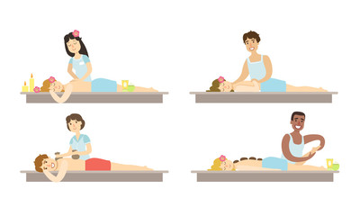 People Relaxing at Spa Salon Set, Man and Woman Taking Body Massage Treatment Vector Illustration