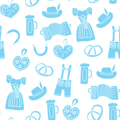 Oktoberfest background hand drawn cartoon doodle seamless vector pattern. Oktoberfest repeating tile. Traditional German icons. Bavarian beer, Lederhosen, Dirndl, gingerbread heart, sausage, pretzels