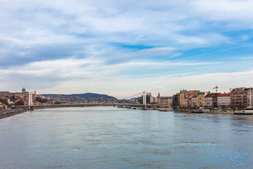 Obraz premium Panorama cityscape of famous tourist destination Budapest with Danube and bridges. Travel landscape in Hungary, Europe.
