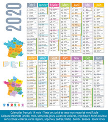 Naklejka premium 2020-Calendrier 14 mois-Carte régions et académies-2