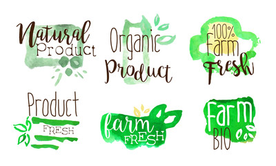 Bio Natural Organic Food Labels Set, Farm Product Green Badges Watercolor Hand Drawn Vector Illustration