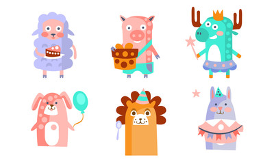 Cute Cartoon Animal Characters Set, Childish Birthday Party Design, Sheep, Pig, Deer, Dog, Lion, Bunny, Vector Illustration