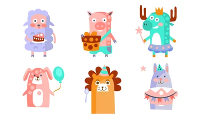 Fotobehang Robot Schattige Cartoon Animal Characters Set, Kinderachtig Verjaardagsfeestje Design, Schapen, Varken, Herten, Hond, Leeuw, Bunny, Vector Illustratie