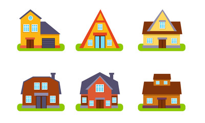 Suburban Residential Cottages Set, Real Estate Buildings, Front View Vector Illustration