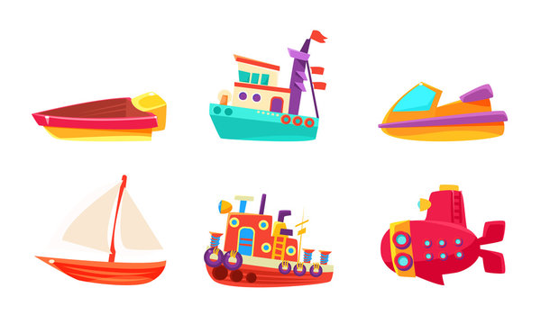 Cute Water Transport Set, Colorful Toy Boat, Yacht, Ship, Submarine, Steamboat Vector Illustration