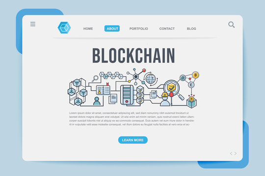 Blockchain Landing page web design templates for banner, diagram, distribution, block, miner, distribution, Ledger and Transaction. Modern vector illustration concepts for web