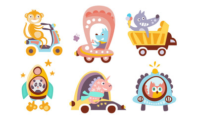Collection of Toy Transport with Cute Animals, Funny Monkey, Wolf, Dog, Panda, Unicorn, Owl in Various Types of Transport Vector Illustration