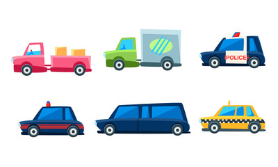 Cute City Transport Set, Colorful Childish Vehicles Vector Illustration