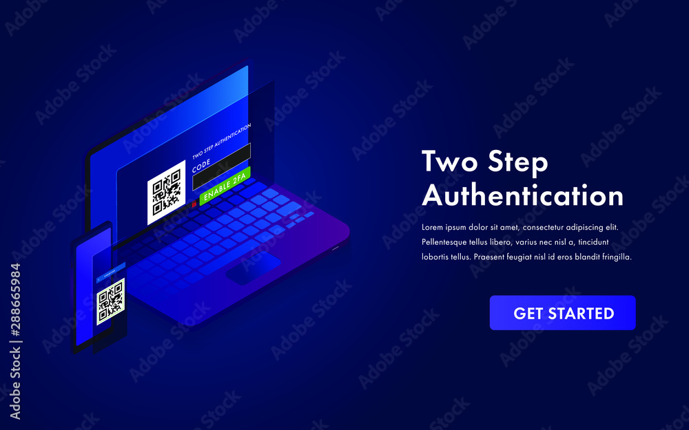 Poster 2-step authentication, two steps 2fa verification sms code password vector isometric concept. secure