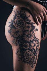 woman leg with big flowers tattoo studio session