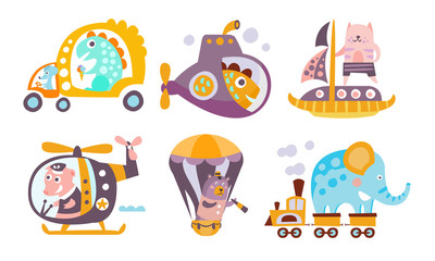 Collection of Toy Transport with Cute Animals, Funny Dinosaur, Fish, Cat, Pig, Bear, Elephant Driving Various Types of Transport Vector Illustration