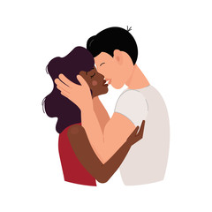 Romantic isolated vector illustration in flat style of multicultural loving couple - young asian man kisses african american woman, embrace her and tender holds her face in arms. 