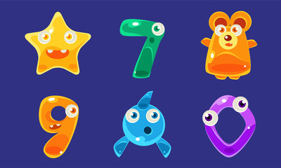 Collection of Cute Jelly Creatures and Numbers, Glossy Colorful Animals Vector Illustration