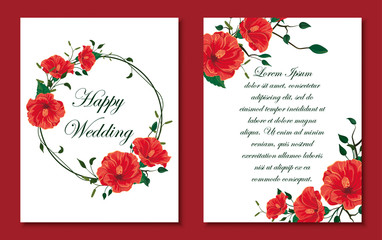 Shiblon wedding invitation / greeting card. Simple floral design, white background. Red hibiscus flowers, buds, branches, twigs, foliage and small plants.