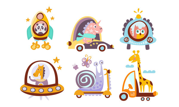 Collection of Toy Transport with Cute Animals, Funny Panda, Unicorn, Owl, Giraffe, Horse, Snail Driving Various Types of Transport Vector Illustration