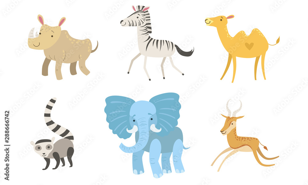 Poster cute african animals set, rhino, zebra, camel, raccoon, elephant, antelope vector illustration