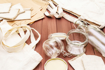 Assortment eco friendly packaging, zero waste, paper, glass and textile free recycled