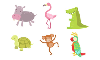 Cute African Animals Set, Turtle, Monkey, Parrot, Hippo, Flamingo, Crocodile Vector Illustration