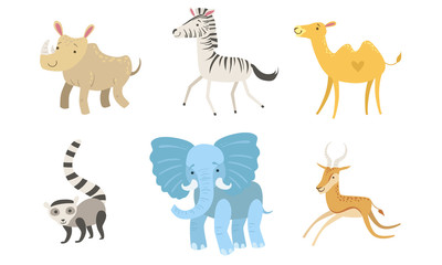 Cute African Animals Set, Rhino, Zebra, Camel, Raccoon, Elephant, Antelope Vector Illustration