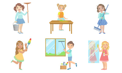 Boys and Girls Doing Different Housework Chores Set, Kids Helping Their Parents with Home Cleaning Vector Illustration