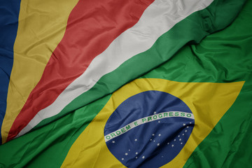waving colorful flag of brazil and national flag of seychelles.