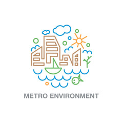 Subway cityscape. Monorail metro design in megapolis futuristic panorama. Environmental city sea, boat or ship, sky, tree, sun, etc. vector line concept illustration