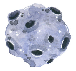 Asteroid moon, hand drawn watercolor illustration isolated on white.