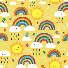 yellow seamless pattern with cute rainbow, cloud, bird and sun - vector illustration, eps    