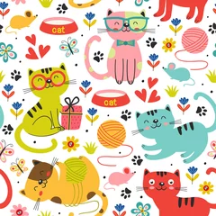 Keuken foto achterwand Katten naadloos patroon met kleurrijke katten in bloemen - vectorillustratie, eps