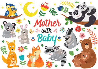 set of isolated animals mother with baby part 2 - vector illustration, eps    