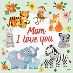 poster with cute animals mother and baby - vector illustration, eps    