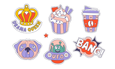 Trendy Cloth Patches Set, Cute Colorful Childish Stickers Appliques Vector Illustration