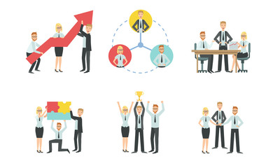Business People Characters Working in Office Set, Teamwork, Business Competition, Meeting, Negotiation Vector Illustration