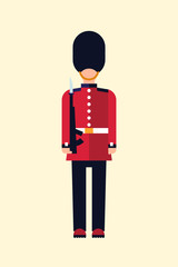 London Queens guard Vector flat illustration of a British soldier in uniform with a gun. Guid Icon isolated on light background.