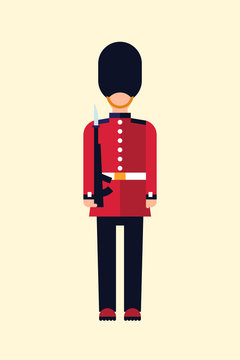London Queens guard Vector flat illustration of a British soldier in uniform with a gun. Guid Icon isolated on light background.