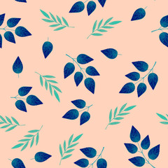 Seamless pattern with leaves. Elegant modern background. Bold vintage print with leaves on blue background for autumn fall fashion. Botanical retro texture with leaves and foliage