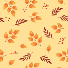 Seamless pattern of orange, red and yellow autumn leaves on yellow background. Pattern for textile, design and decoration