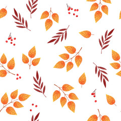 autumn seamless background pattern of golden toned leaves and barries on white background, autumnal repeat print