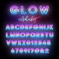 Neon light alphabet. Multicolor glowing typeface. Bright letters on dark wall. Vector illustration. - obrazy, fototapety, plakaty