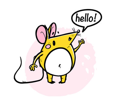 Vector illustration of cute hand drawn yellow mouse character / rat saying hello on white background. 2020 year mascot. For kid prints, cards, packaging design, logo etc.