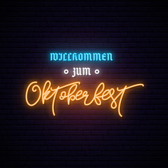 Naklejka na ściany i meble Oktoberfest neon banner. Translation German inscriptions: Welcome To Oktoberfest. Vector illustration.